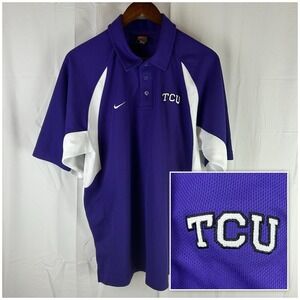 TCU Horned Frogs Polo Nike Dri Fit Purple White Men's Medium Loose Fit Y2K‎